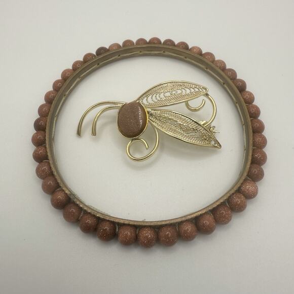Vintage Goldstone Bracelet Brooch Leaf Bug Bangle 7” - Picture 1 of 9